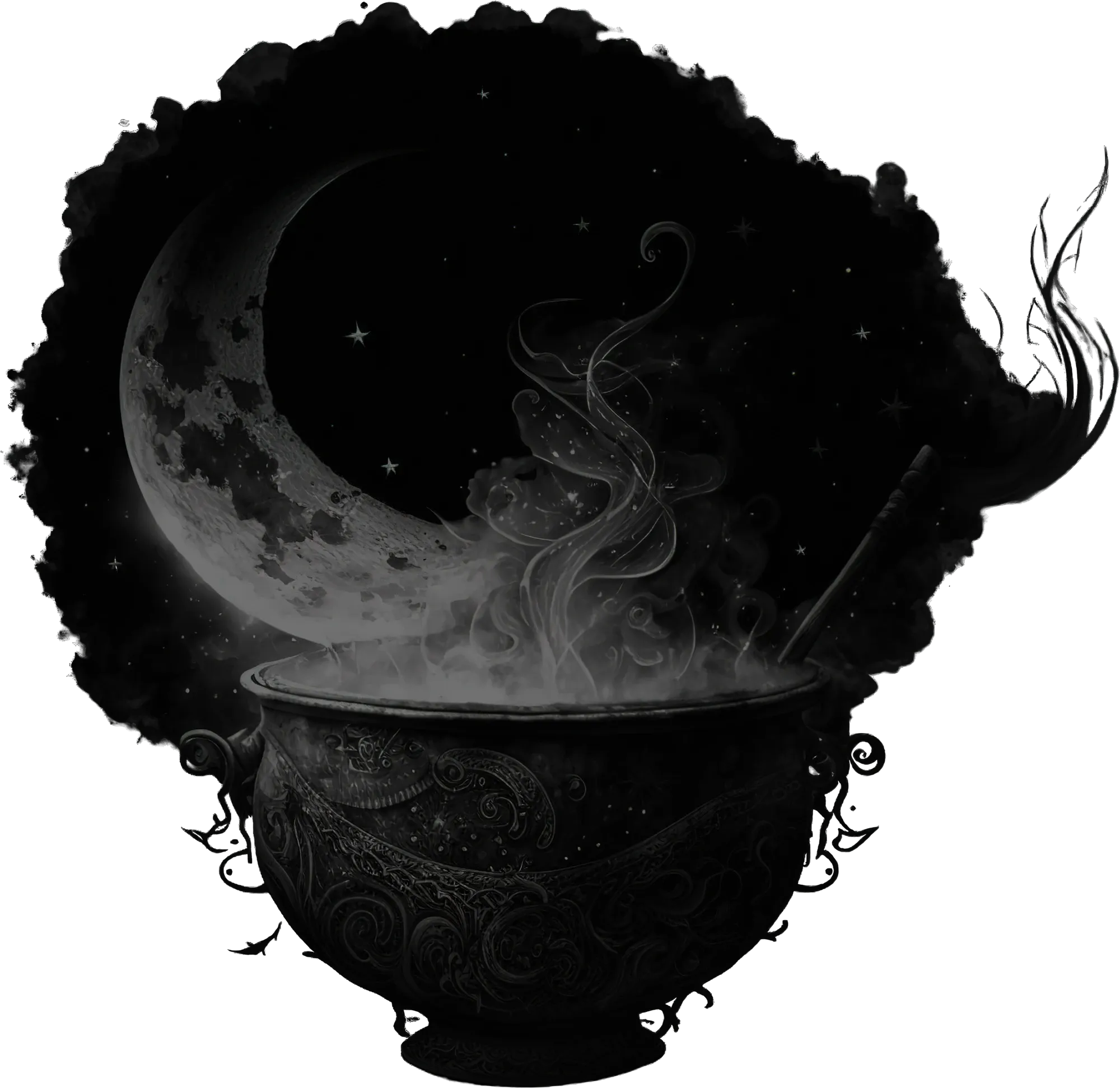 Cauldron with moon and smoke